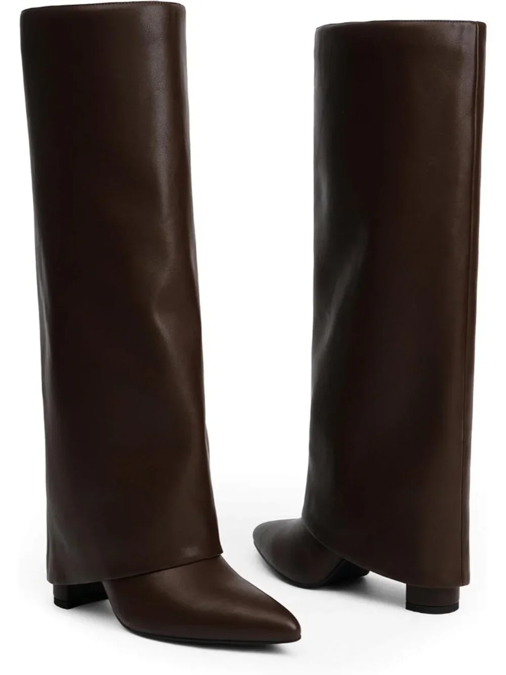 Women's Brown Faux Leather Fashion Pointed Toe Side Zipper Fold Over Tall Boots